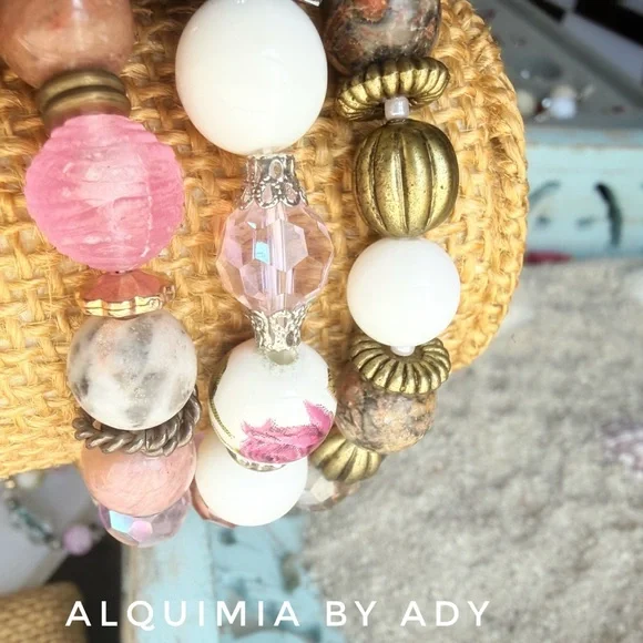 Alquimia Pink and White Floral Glass Bead Bracelet Stack GEMSTONES - Picture 4 of 7